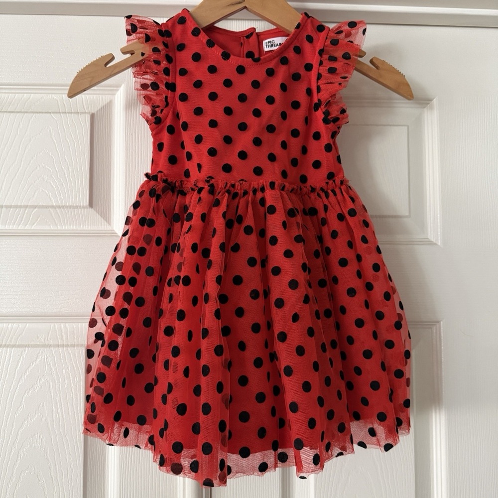 Girls 3T Red Black Flocked Polka Dot Mesh Holiday Party Dress Epic Threads